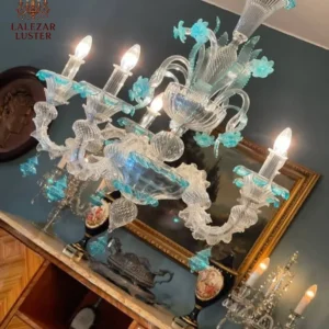 لوستر مینیمال مورانو 6 شاخه با تزئینات گل فیروزه‌ای